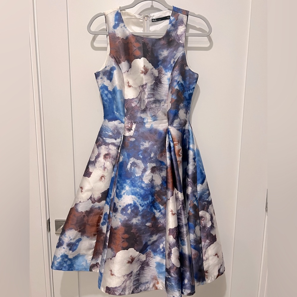 INA Fit & Flare Tank dress, crinoline underneath to poof.Blue, Purple, Browned